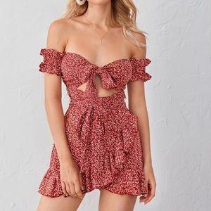 Tie Front Cutout Detail Shirred Back Bardot Dress